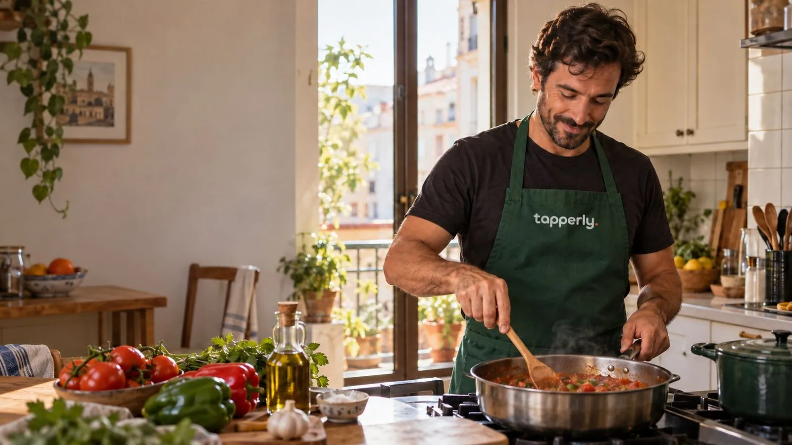 Chef de Tapperly cocinando en la cocina de un cliente, luz natural de tarde