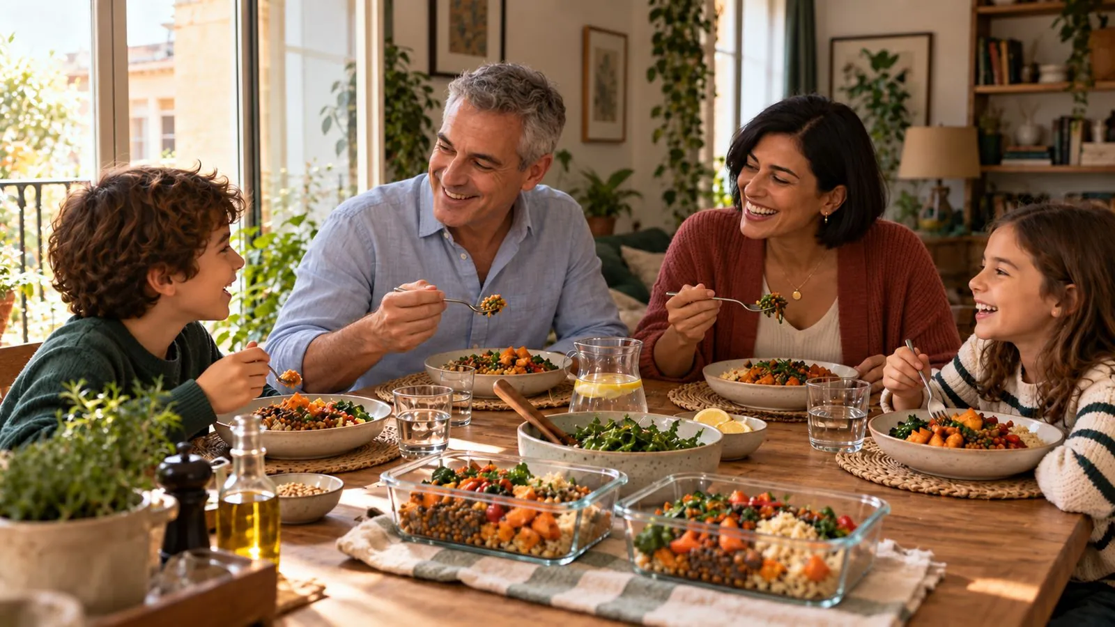 Familia comiendo entre semana los táperes de Tapperly, mesa de cocina, luz de mediodía