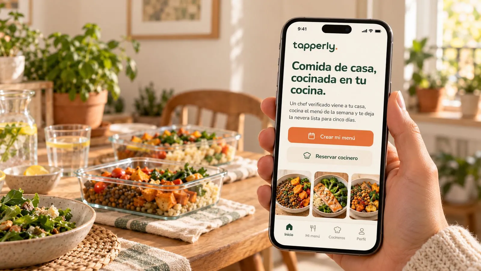 App de Tapperly en el móvil, con la cocina de fondo