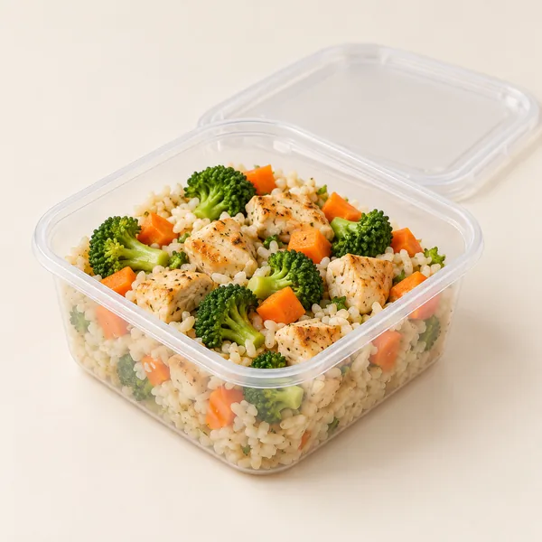 Táper cuadrado Tapperly con arroz, pollo y brócoli