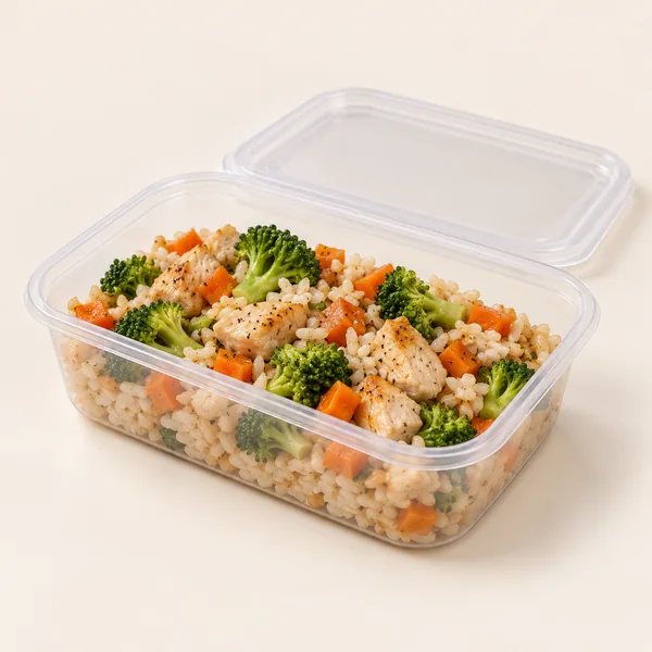 Táper rectangular Tapperly con arroz, pollo y brócoli