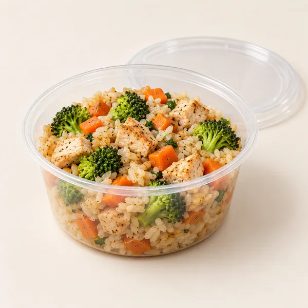 Táper redondo Tapperly con arroz, pollo y brócoli